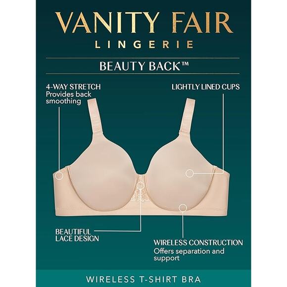 New Vanity Fair Womens 42B Beige Full Figure Beauty Back Smoothing Wirefree Bra - Picture 5 of 5